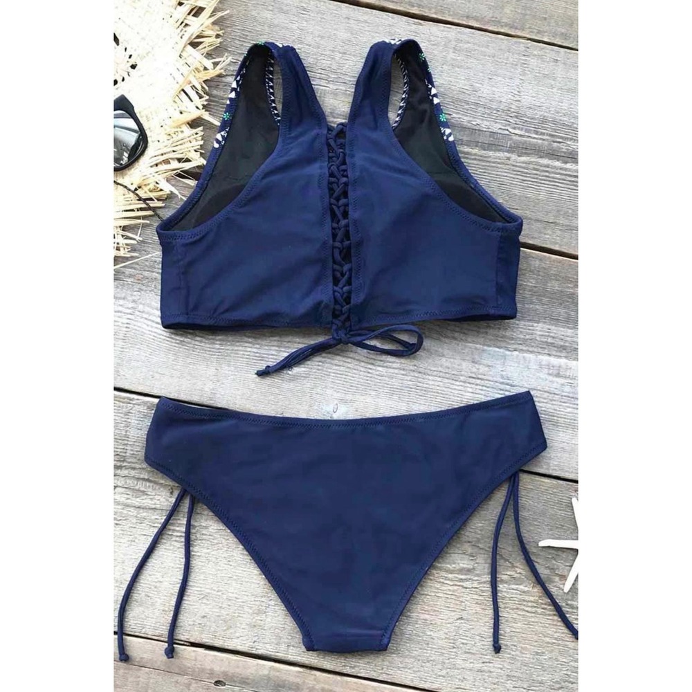 Cupshe Navy Blue Embroidered High Neck Lace Up Bikini Set Two Piece Swimsuit - Picture 3 of 11